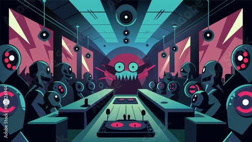 An underground club with a room full of dramatic distortion mirrors the DJs beats causing the reflections to twist and morph into monstrous versions.