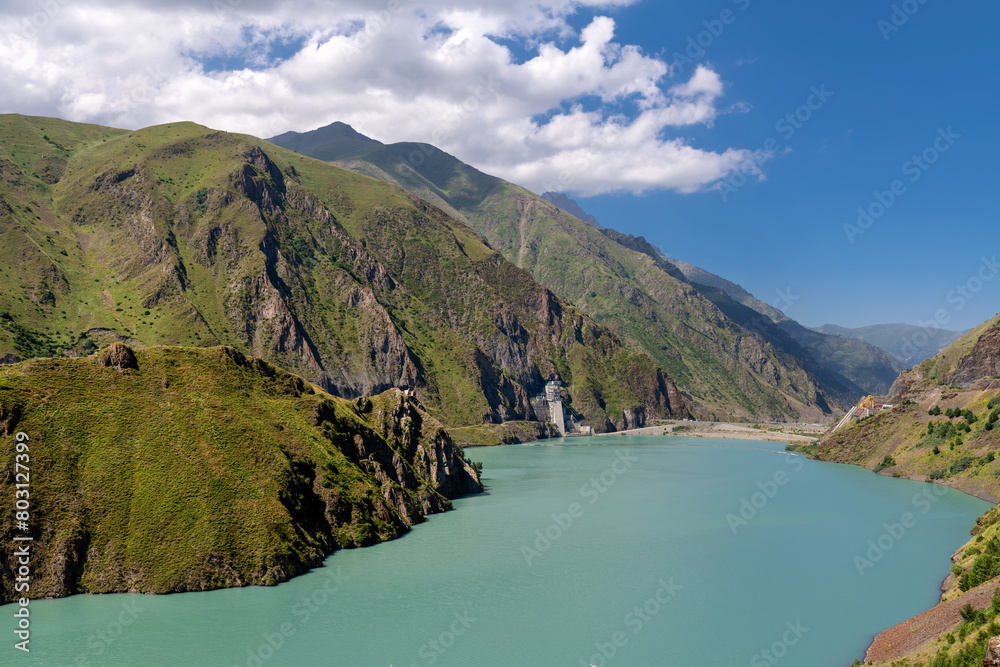 Fototapeta premium Reservoir of the Zaramagskaya hydroelectric power station in the Kassar Gorge. North Ossetia Alania. Russia