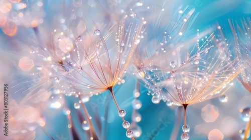 Flower dandelion seeds in drops dew rain sparkle in rays light close-up macro. Abstract art background for design, beautiful round bokeh, blurry soft blue background. Bright colorful artistic image.