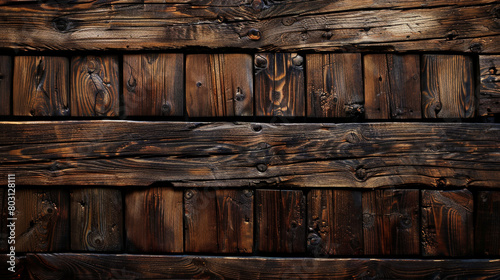 Layered and textured wooden planks in deep shades of burnt umber and charcoal, artfully arranged to show natural aging. photo