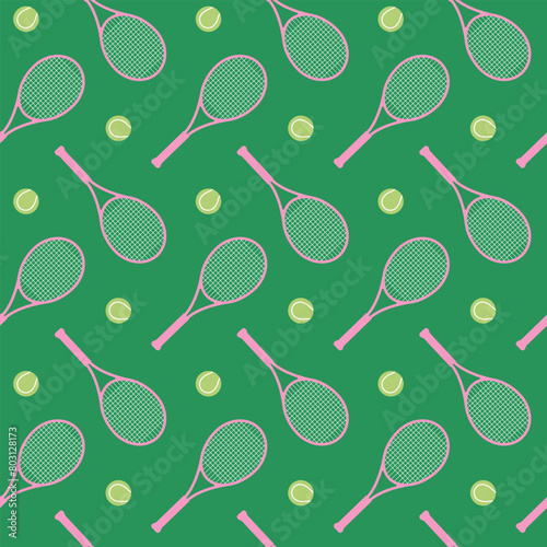 A colorful illustration background design on a green background with a pink tennis racket and tennis ball concept.