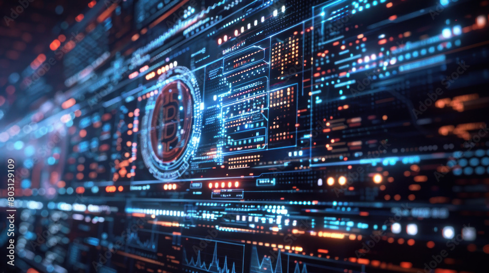 Abstract of Bitcoin within a glowing circuitry on a dark backdrop, symbolizing digital finance and blockchain technology