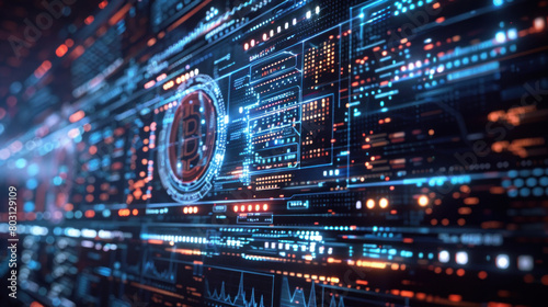 Abstract of Bitcoin within a glowing circuitry on a dark backdrop  symbolizing digital finance and blockchain technology