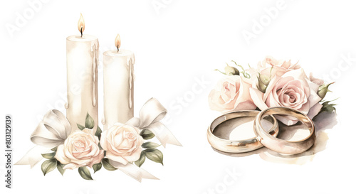 Candles with flowers and wedding rings photo