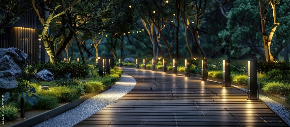 Obraz premium Contemporary illuminated pathway fixture within the hotel precinct.