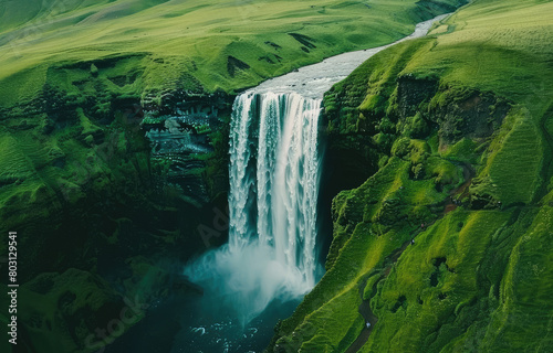 Beautiful view of Skogafoss Waterfall in Iceland, green grass on the ground