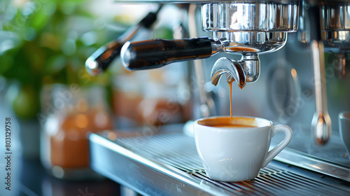 Espresso Pouring from a Modern Coffee Machine into a White Cup.
