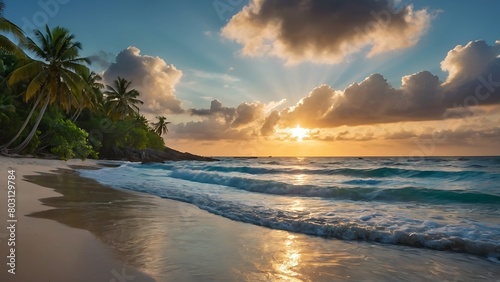 sunset over the beach Luminous Shoreline Radiant Sea and Sunlit Beac © Dove