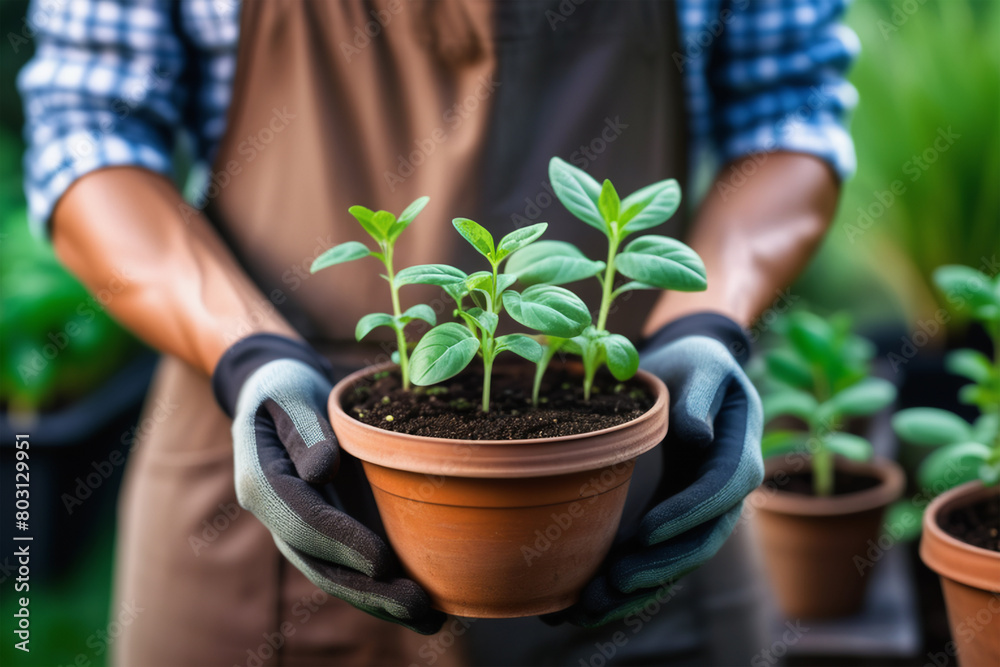 Close-up of gardener's hands holding a sapling with soil. Growing organic plants. Spring sustainable gardening. Close-up of gardener's hands.