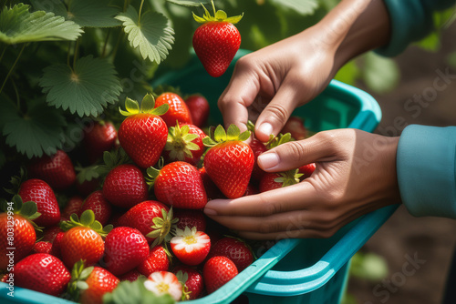 Farmer collects a harvest of ripe strawberries. A handful of berries in the hands. Woman picking strawberries in field, closeup.