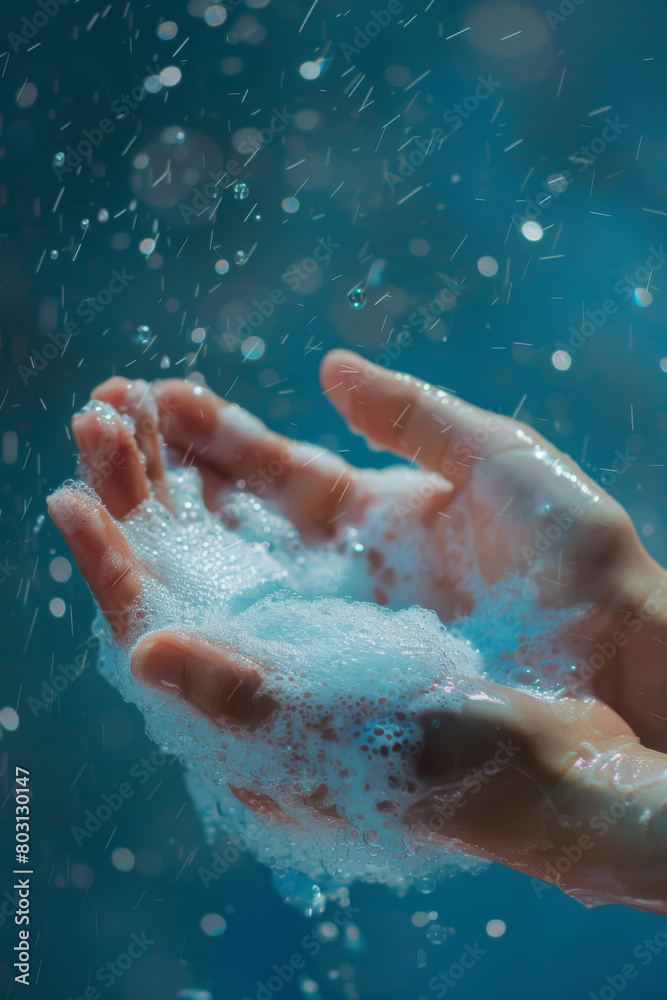 Fototapeta premium Refreshing Splash Hands Catching Water Drops with Soap Suds