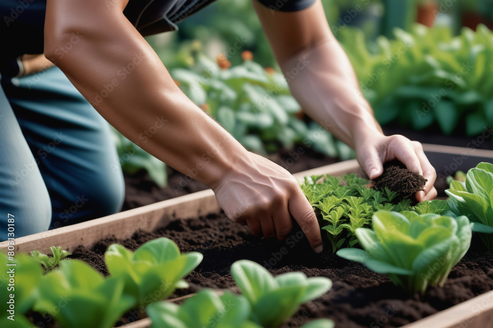Gardener planting young seedlings in soil. Growing organic plants. Spring sustainable gardening. Close-up of gardener's hands. Gardener planting young seedlings in soil. Growing organic plants. Spring sustainable gardening. Close-up of gardener's hands.