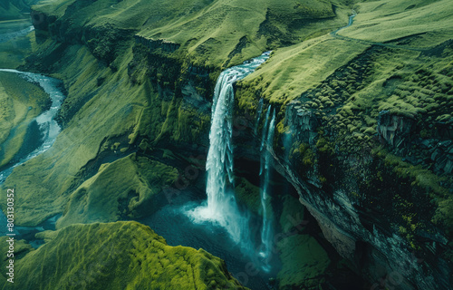 Beautiful view of Skogafoss Waterfall in Iceland, green grass on the ground