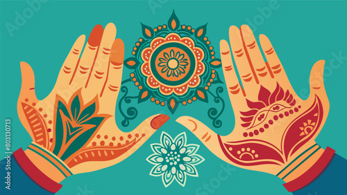 Intricate henna designs are delicately applied to guests hands reflecting the intricate patterns and symbols of a particular culture. As they admire.