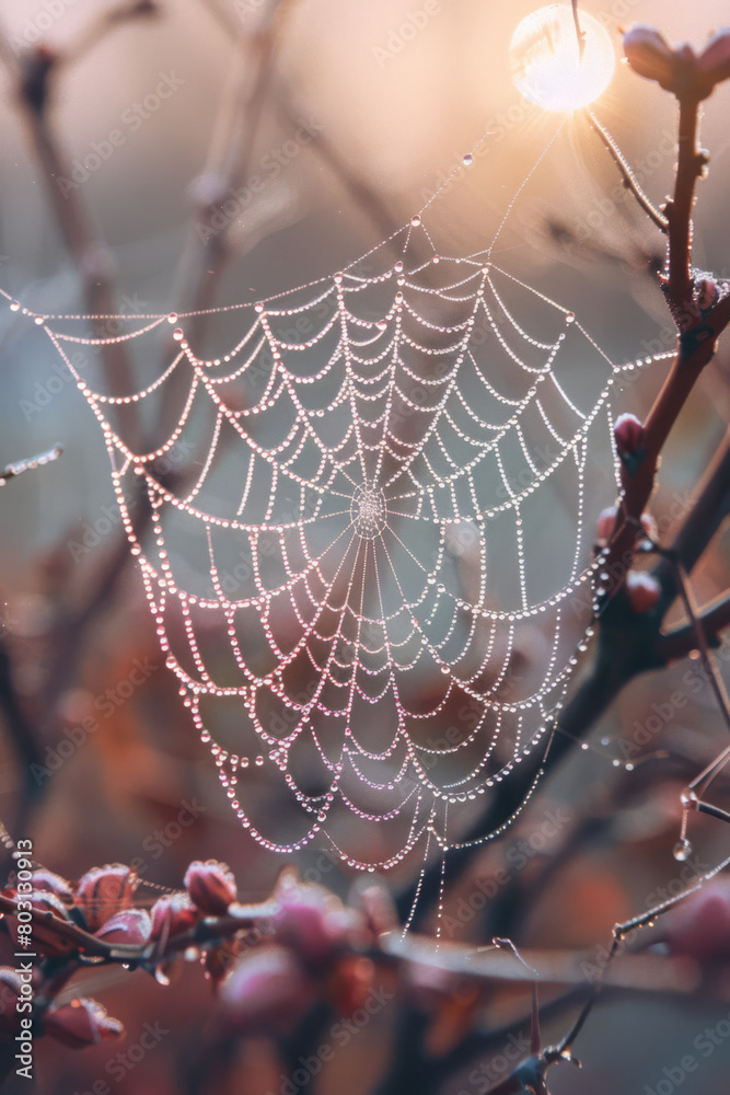 Dewy Spider Web Glistening in the Sunrise Light