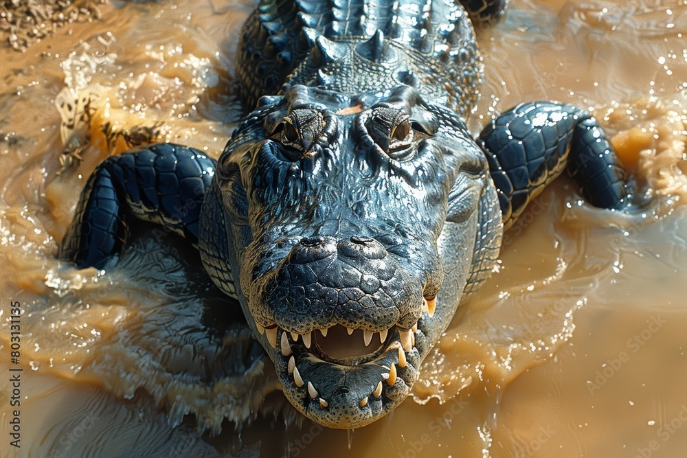 A terrifying image of a large alligator, a terrifying reptile that has the strongest bite on