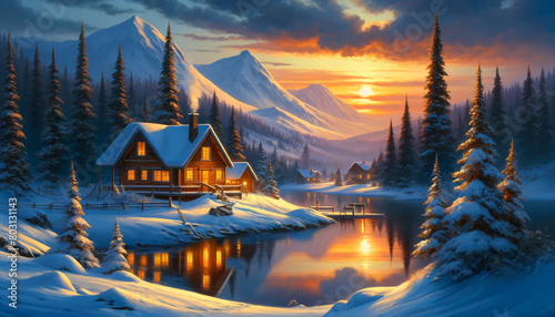 painting of a snowy mountain landscape with a cozy cabin beside a serene lake at sunset photo