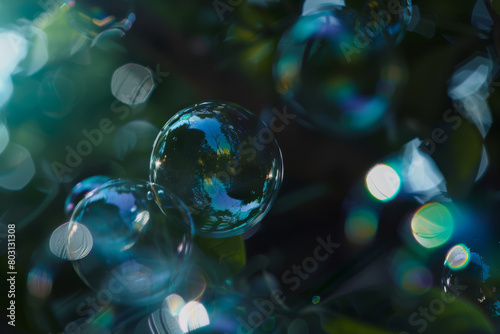 Transparent Soap Bubbles Glistening Among Green Tree Leaves