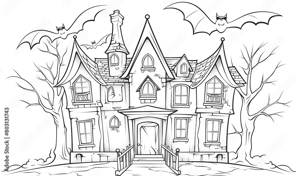 Coloring book page for kids of a large haunted house with bats flying around it.