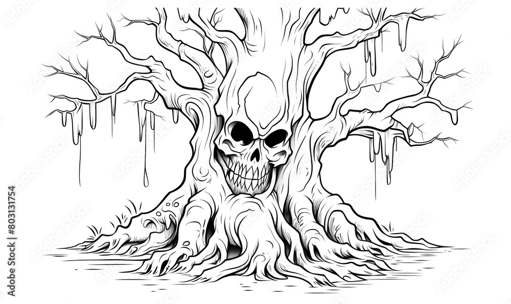 Coloring book page shows the dark and mysterious skull tree. Stock ...