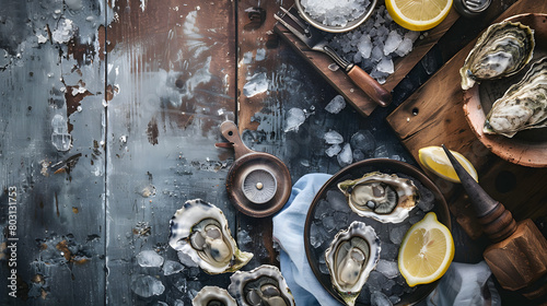 fresh open oysters on ice with lemon