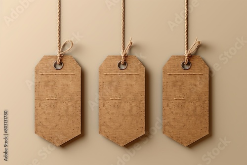 Cardboard tags hanging on linen thread vector illustration.