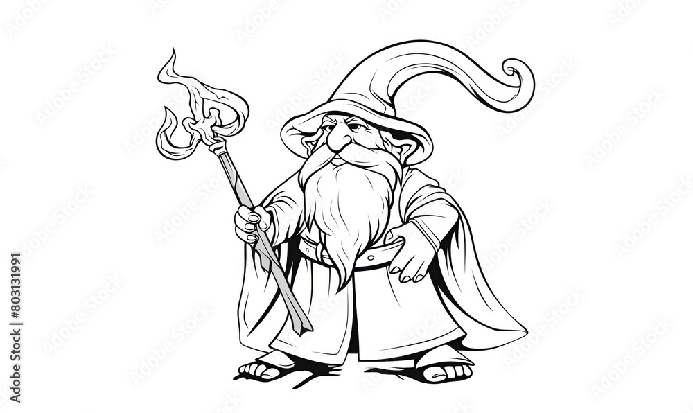 Fototapeta premium Black and white sketch of a wizard holding a staff with a flame on the end for coloring.
