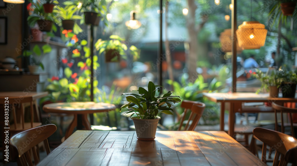 A cozy cafe interior bathed in warm sunlight, featuring a potted plant on a wooden table
