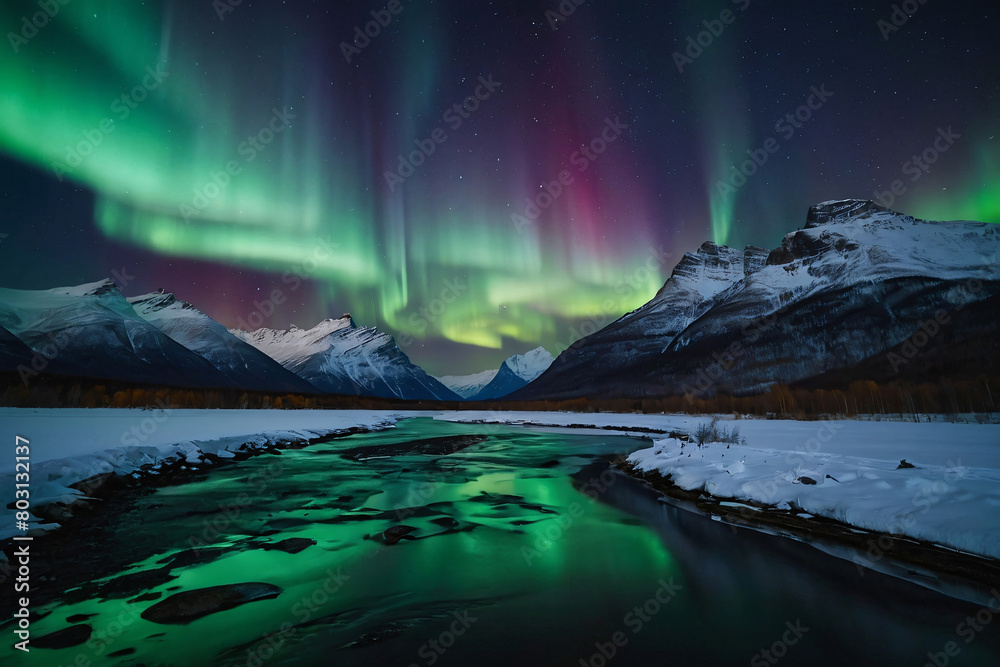 Northern Lights Illuminating the Night Sky Over Snowy Mountains and a River Below. ai generated