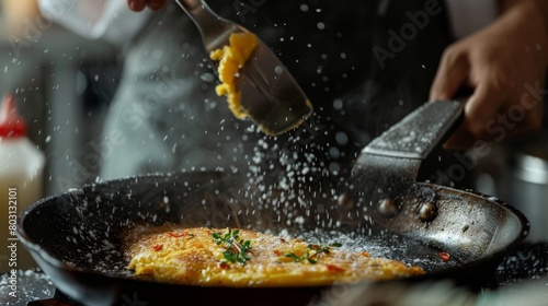 Chef preparing delicious omelette in a frying pan, sprinkling cheese © Yusif
