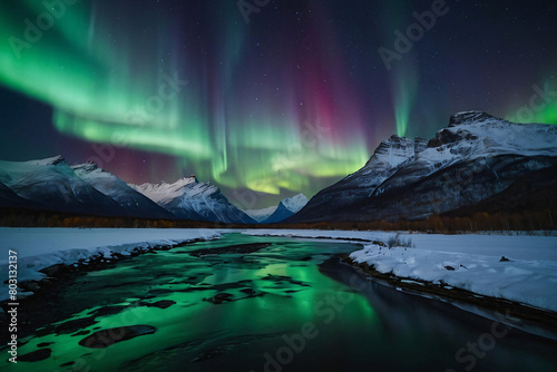 Northern Lights Illuminating the Night Sky Over Snowy Mountains and a River Below. ai generated