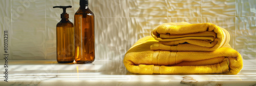 Cozy Bathroom Ambience with Warm Yellow Towels and Bottles
