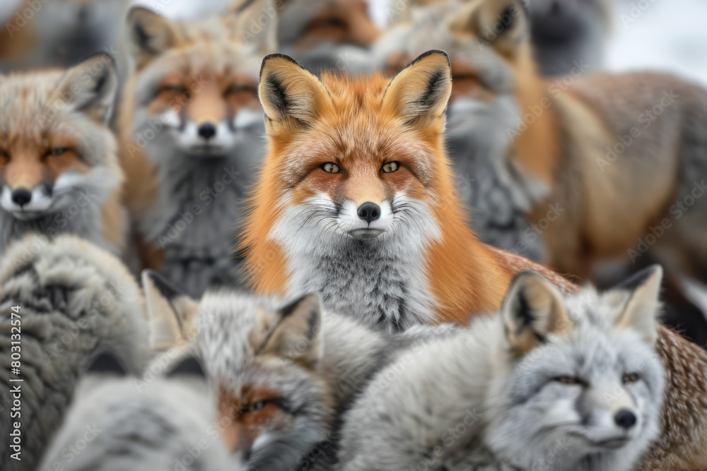 Intense Gaze of a Red Fox Amidst a Crowd of Foxes