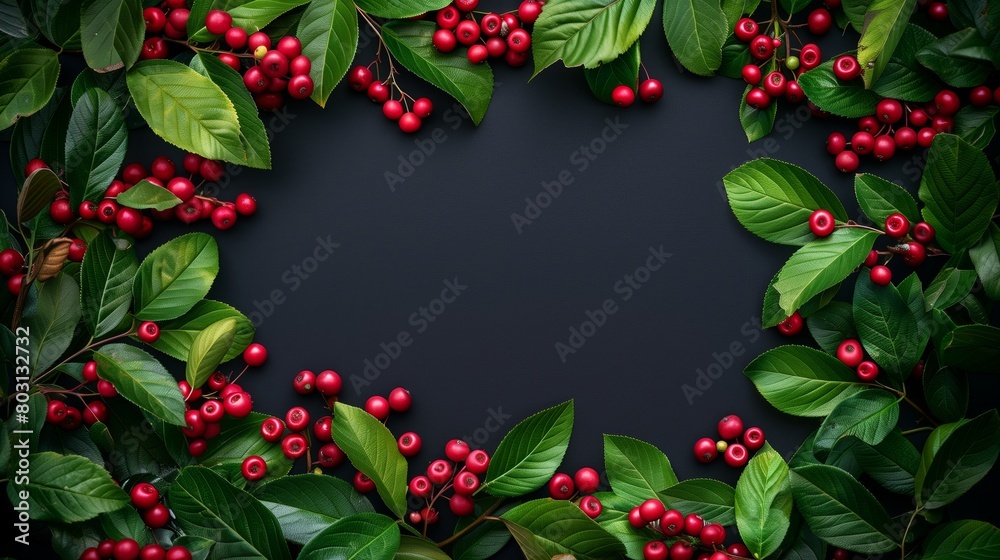 Vibrant red berries with lush green leaves framing a dark grey background, ideal for copy space.