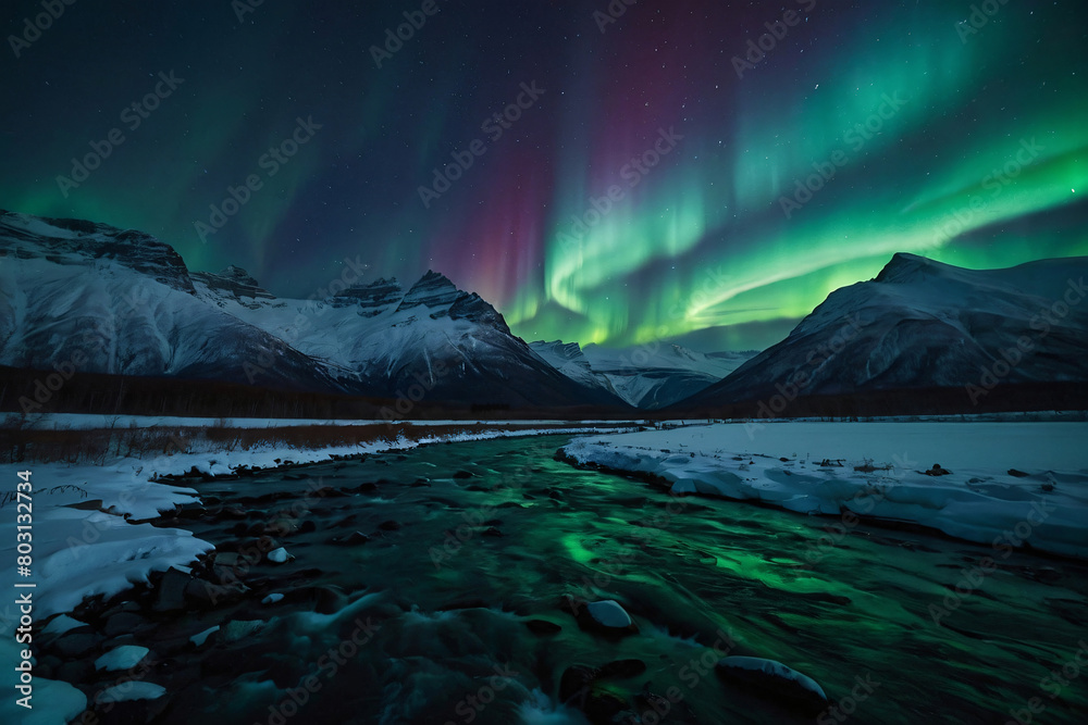 Northern Lights Illuminating the Night Sky Over Snowy Mountains and a River Below. ai generated