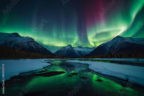 Northern Lights Illuminating the Night Sky Over Snowy Mountains and a River Below. ai generated © Abdul