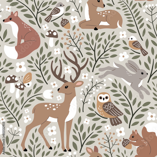 Seamless vector pattern with cute woodland animals, flowers and leaves. Perfect for textile, wallpaper or print design.