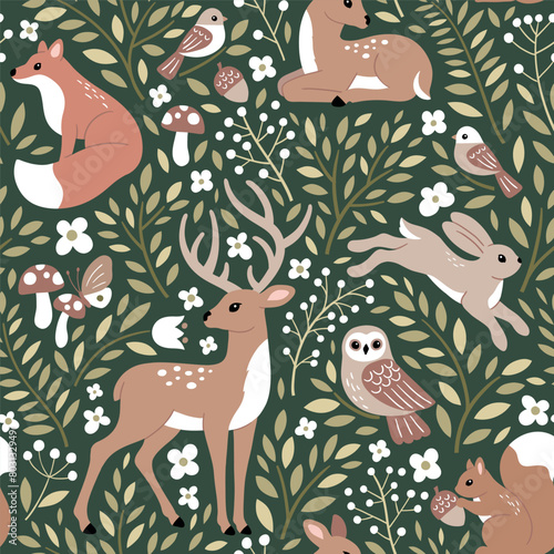 Seamless vector pattern with cute woodland animals, flowers and leaves. Perfect for textile, wallpaper or print design.