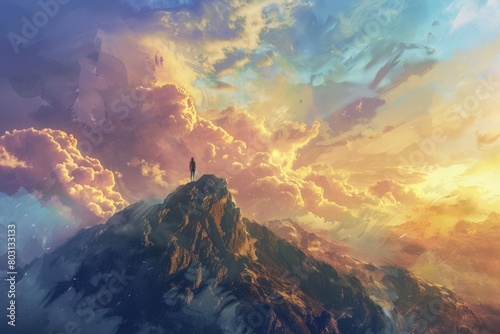 A person standing atop a mountain, having ascended from the valley of depression, looking out towards the horizon with hope photo