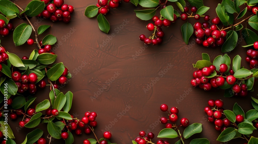 Lush red berries with green leaves arranged on a dark brown background, with space in the center.
