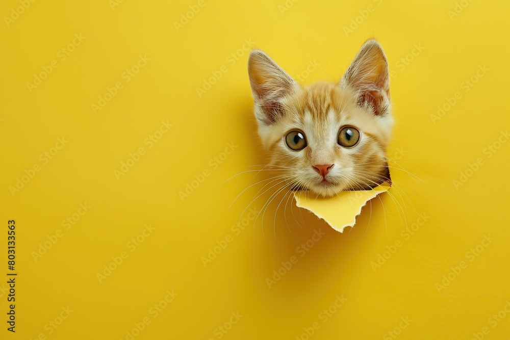 Funny gray domestic kitten peeking out with paw of torn wall hole. Beautiful striped small fluffy cat with big eyes on yellow paper background. Free space for ads, text. Healthy happy cute pet. Poster Funny gray domestic kitten peeking out with paw of torn wall hole. Beautiful striped small fluffy cat with big eyes on yellow paper background. Free space for ads, text. Healthy happy cute pet. Poster