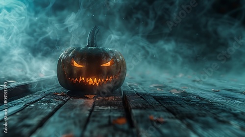 Sinister pumpkin with glowing eyes haunting the night on rustic wooden planks, shrouded in mist photo