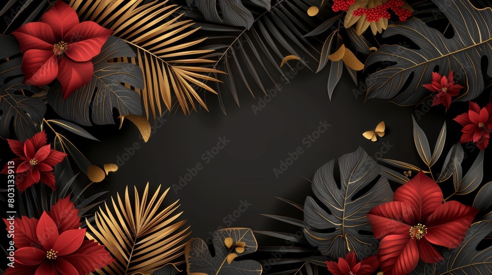 An invitation card for a wedding ceremony with golden tropic jungle palm leaves, exotic red flowers and a dark background modern. An invitation card for a wedding ceremony with golden tropic jungle palm leaves, exotic red flowers and a dark background modern.