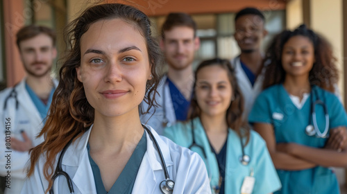 Young female nursing student with her team of medical students and doctors. Junior doctor portrait. Medical internship photo