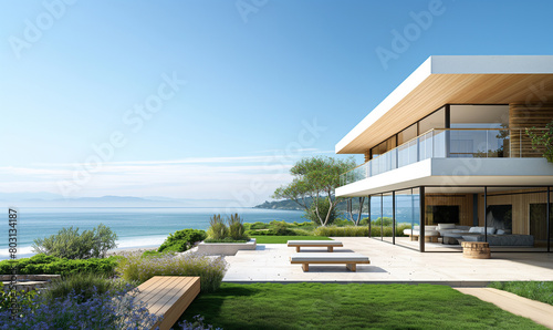 3d rendering, A modern house with light wood and white walls, overlooking a green lawn near the ocean © 수동 김