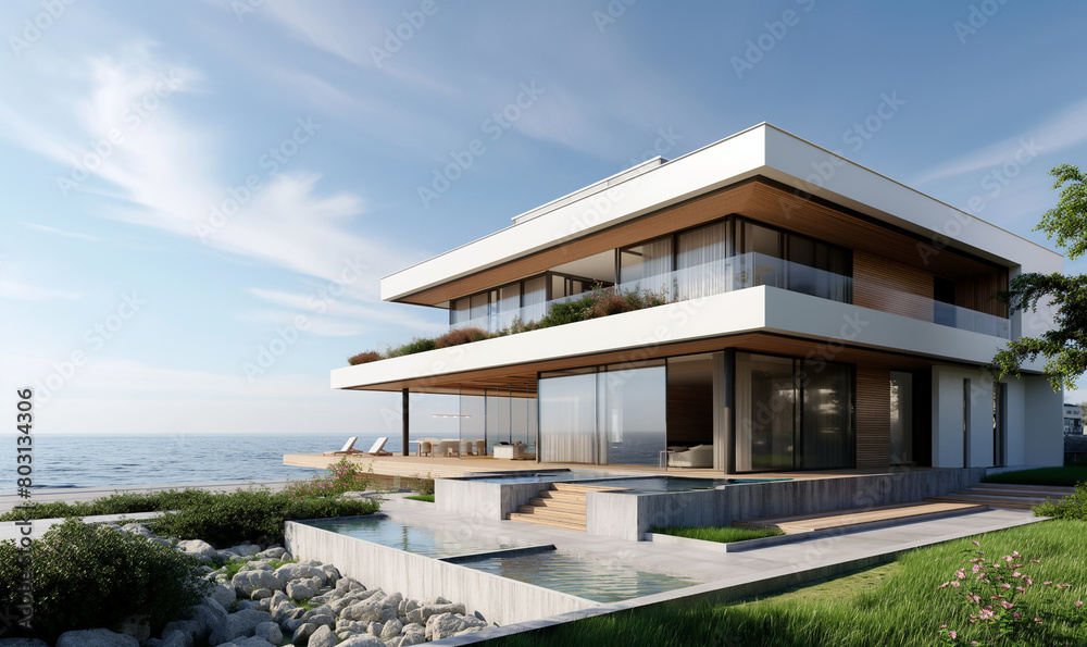 3d rendering, A modern house with light wood and white walls, overlooking a green lawn near the ocean