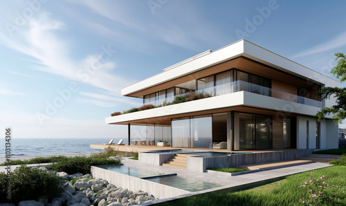 3d rendering, A modern house with light wood and white walls, overlooking a green lawn near the ocean