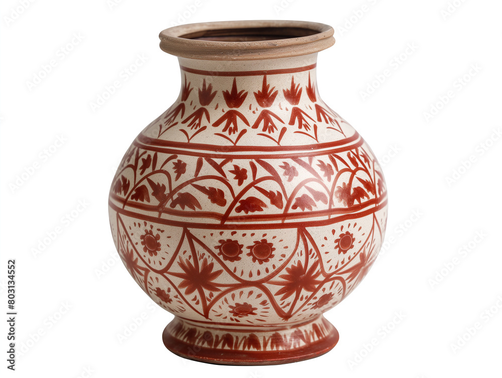 Handpainted ceramic vase with intricate floral motifs and geometric patterns isolated on a white background