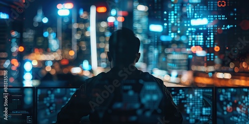Person silhouette against glowing digital backdrop. Male standing on a flow of data showing cyber threats  vulnerabilities. VR environment screens displaying coding. AI Artificial Intelligence concept