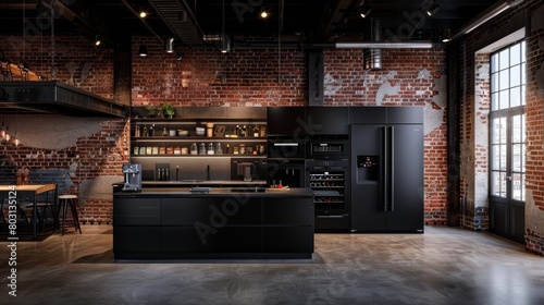 Elegant loft kitchen with sleek black cabinets and exposed brick walls photo